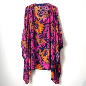 Denim & Co Beach Women Size 4X/5X Georgette Split Neck Poncho Navy Multi Floral